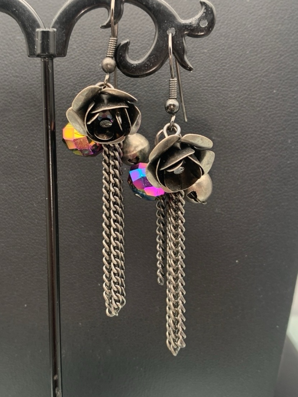 Gunmetal Rose Drop Earrings with Iridescent Beads